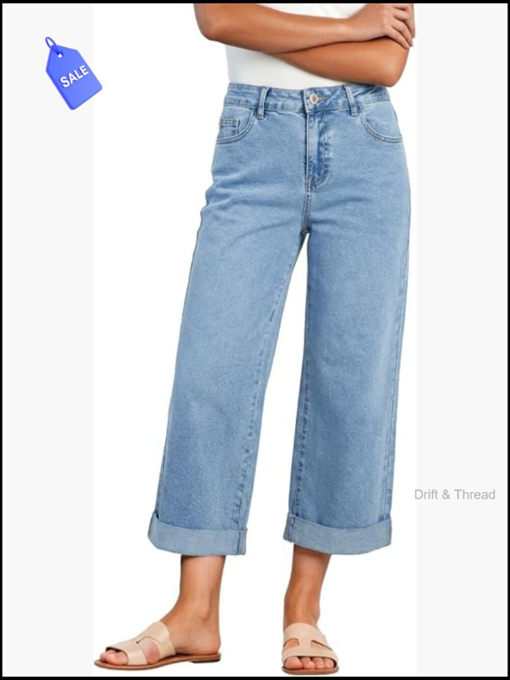 Wide Leg High Waist Stretch Capri Jeans Rolled Hem Denim